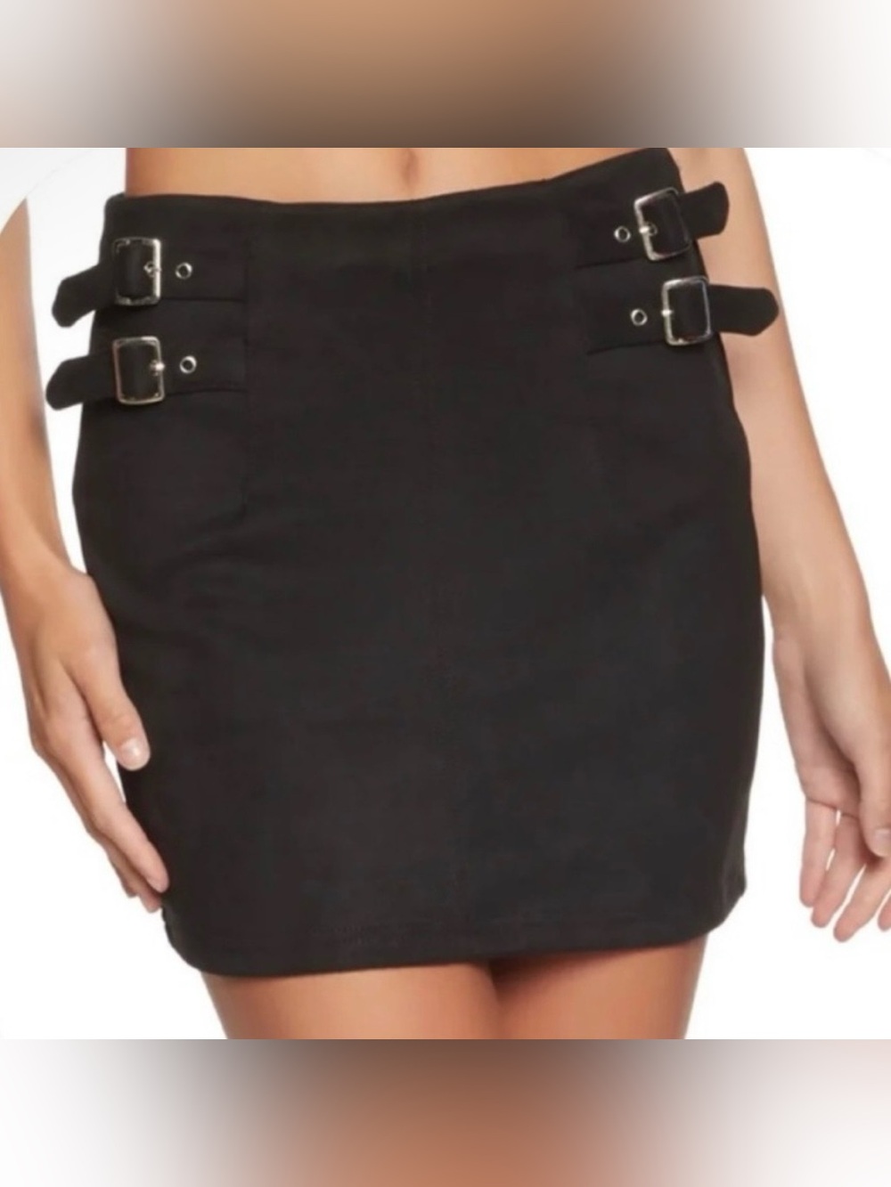 IRIS Black Faux Suede Buckle Mini Skirt Large Y2K Grunge Punk Preppy Alternative